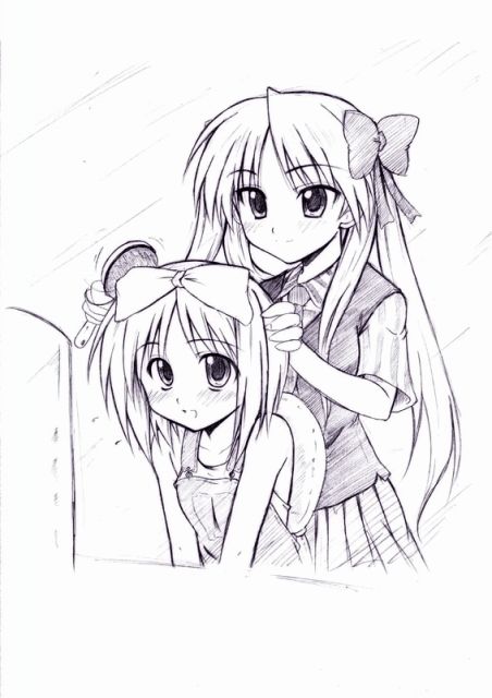 2girls, hair_brush, hair_brushing, hiiragi_kagami, hiiragi_tsukasa, lucky_star, monochrome, morisoban