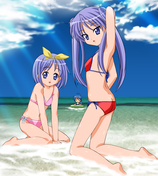 3girls, ahoge, armpits, bikini, blue_hair, butt_crack, closed_eyes, clouds