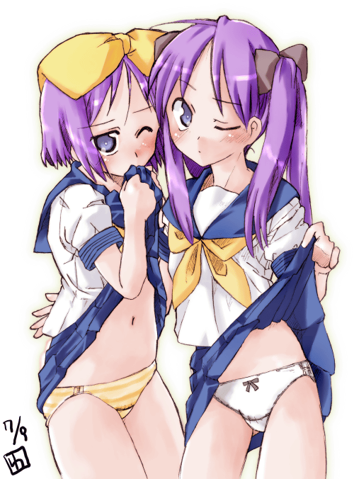 2girls, hiiragi_kagami, hiiragi_tsukasa, lucky_star, multiple_girls, one_eye_closed, panties, school_uniform