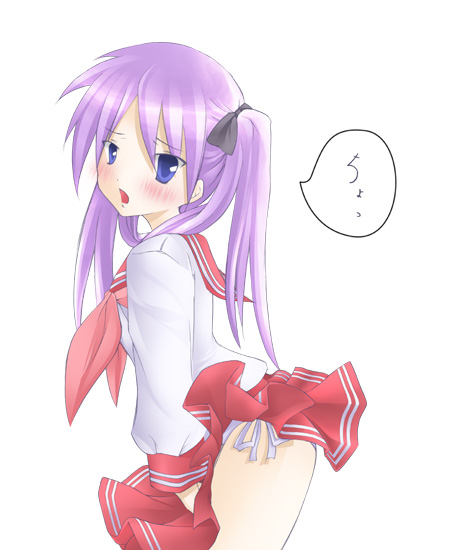 1girl, blue_eyes, blush, from_side, hiiragi_kagami, long_hair, long_sleeves, looking_at_viewer