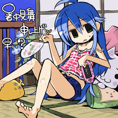 1girl, barefoot, blue_hair, casual, fan, green_eyes, handheld_game_console, izumi_konata