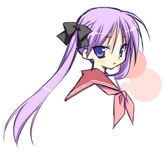 1girl, black_bow, blush, bow, expressionless, hair_bow, hiiragi_kagami, izumi_konata