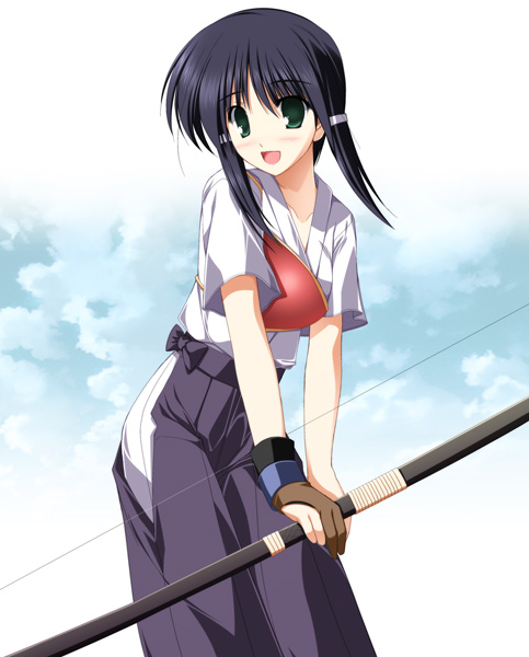 1girl, archery, blue_hair, blush, bow_(weapon), clouds, green_eyes, hair_ornament