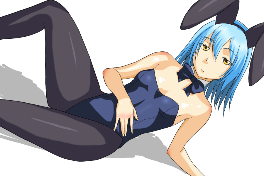 blue_hair, bored, bunny_ears, bunnysuit, original, pantyhose, rabbit_ears, yellow_eyes