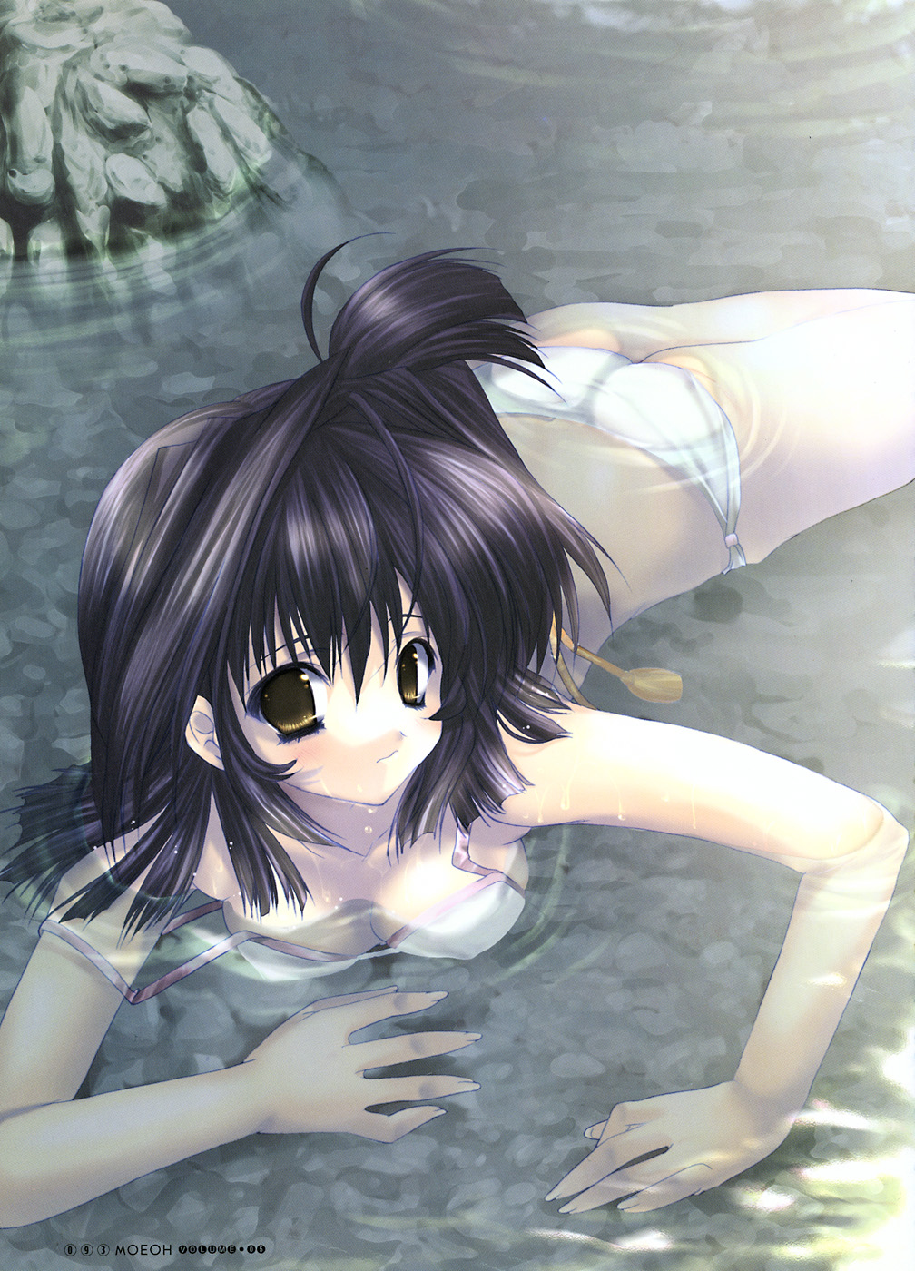 1girl, ass, bikini, black_hair, dengeki_moeou, highres, partially_submerged, rock