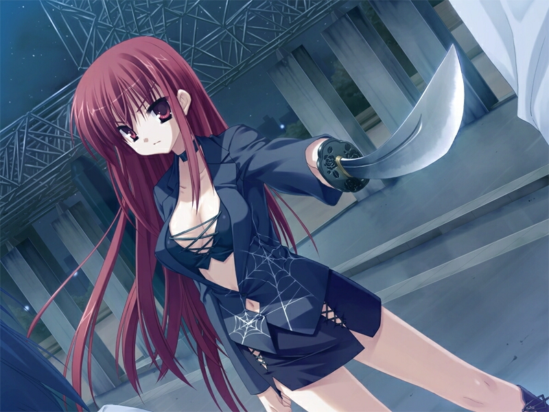 1girl, breasts, choker, cleavage, dutch_angle, empty_x_embryo, game_cg, katana