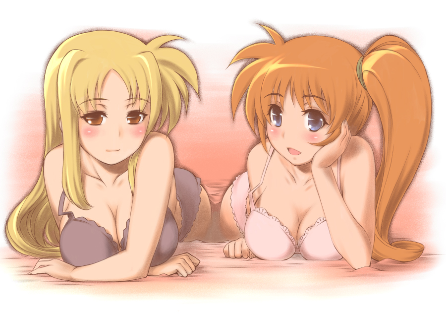 2girls, bra, fate_testarossa, lingerie, lying, lyrical_nanoha, mahou_shoujo_lyrical_nanoha, mahou_shoujo_lyrical_nanoha_strikers