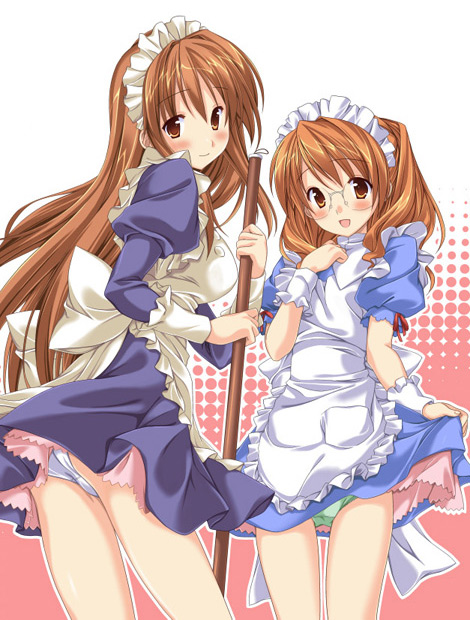 2girls, asahina_mikuru, crossover, extra, glasses, green_panties, inase_shin'ya, maid, multiple_girls, narusaki, narusaki_ayano, panties, pantyshot, suzumiya_haruhi_no_yuuutsu, underwear, white_panties