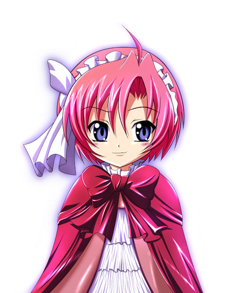 00s, 1girl, bow, bowtie, cape, frills, kiddy_grade, looking_at_viewer, maid_headdress, pink_hair, portrait, red_bow, red_bowtie, sasa, short_hair, simple_background, solo, viola_(kiddy_grade), violet_eyes, white_background