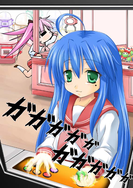 2girls, :3, ahoge, arcade, arcade_cabinet, blue_hair, controller, green_eyes
