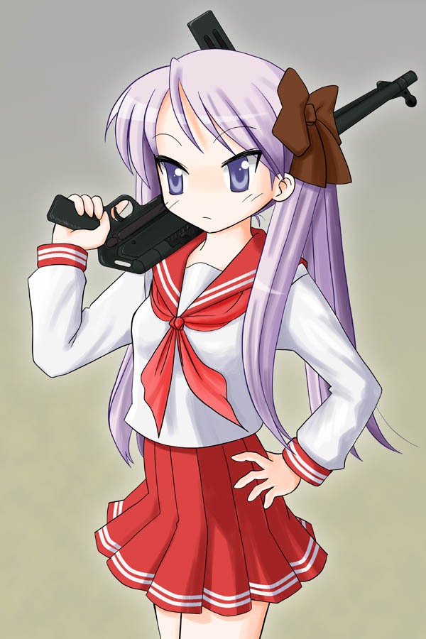 blue_eyes, blue_hair, gun, hiiragi_kagami, hiraizumi_(mugenkidousha), lucky_star, mp40, school_uniform