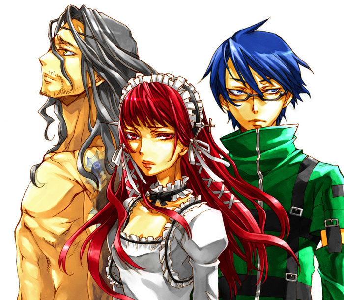 glasses, gothic_lolita, kotobuki_toro, lolita_fashion, persona, persona_3, red_hair, sakaki_takaya, shirato_jin, yoshino_chidori