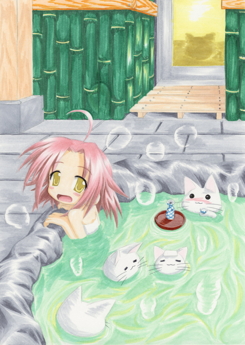 absurdres, ahoge, alcohol, bottle, bubble, cat, cathead, drunk