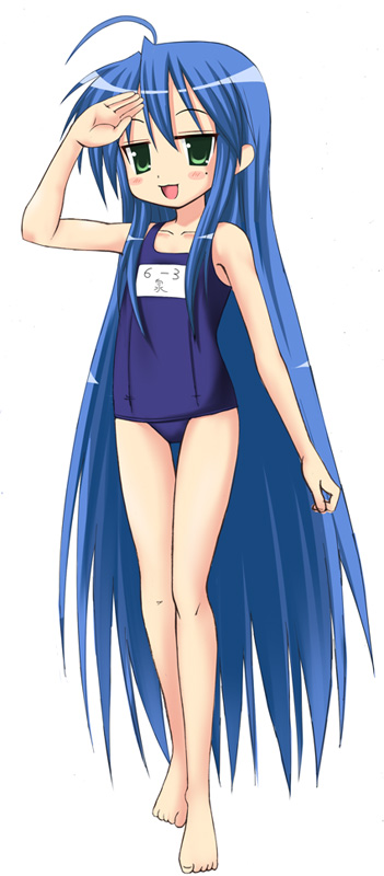 1girl, ahoge, blue_hair, flat_chest, green_eyes, izumi_konata, kiriya_haruhito, long_hair, lucky_star, one-piece_swimsuit, school_swimsuit, solo, swimsuit, very_long_hair