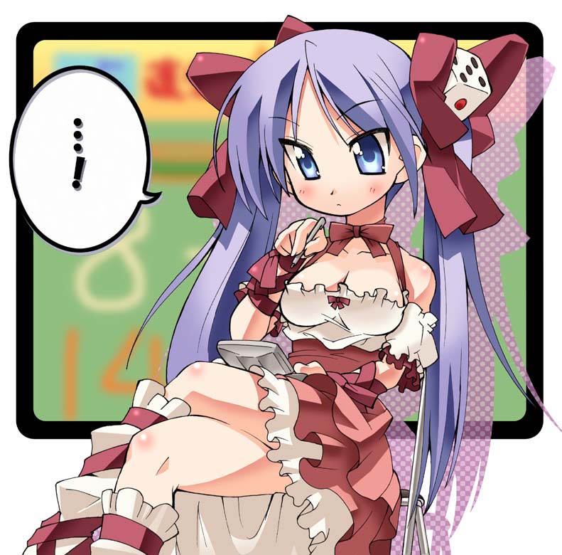 1girl, blue_eyes, blue_hair, cosplay, crossover, di_gi_charat, dice, hair_ribbon