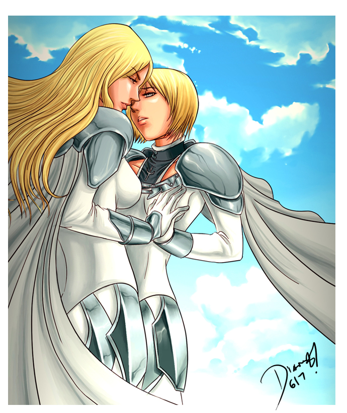 2girls, armor, armored_dress, blonde_hair, blue_sky, border, cape, clare_(claymore)