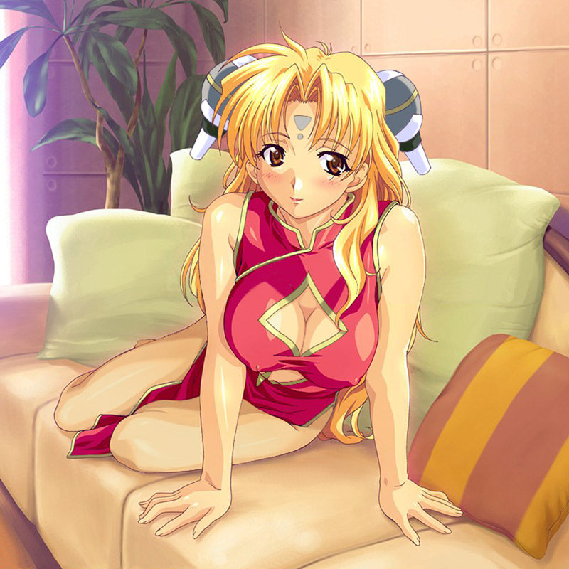 1girl, bare_shoulders, blonde_hair, breasts, broccoli_(company), brown_eyes, china_dress, chinese_clothes