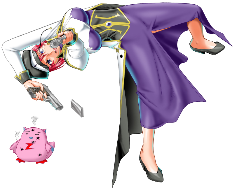 00s, 1girl, :d, =_=, aiming_at_viewer, arched_back, arm_up, blue_eyes