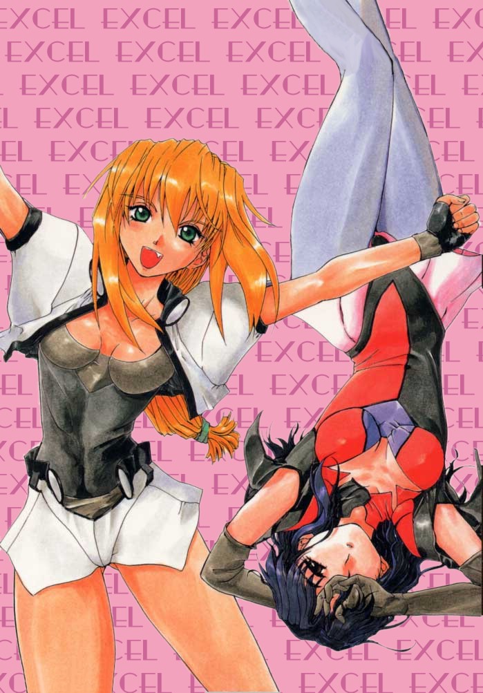 2girls, 90s, blonde_hair, blue_hair, breasts, cleavage, elbow_gloves, excel
