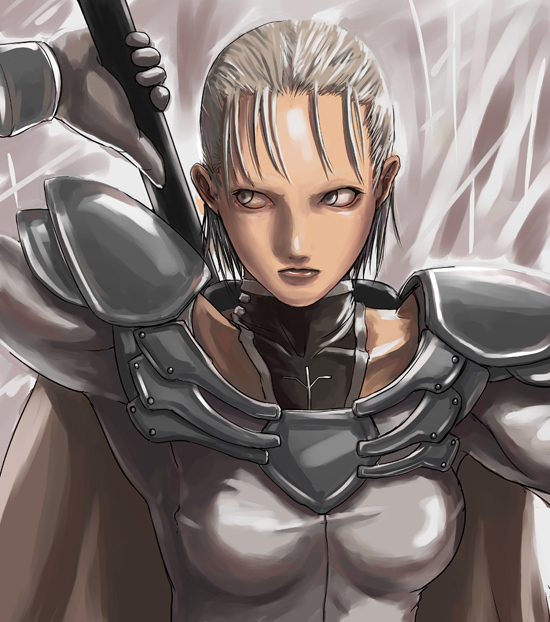 1girl, armor, blonde_hair, claymore, claymore_(sword), face, grey_eyes, jean