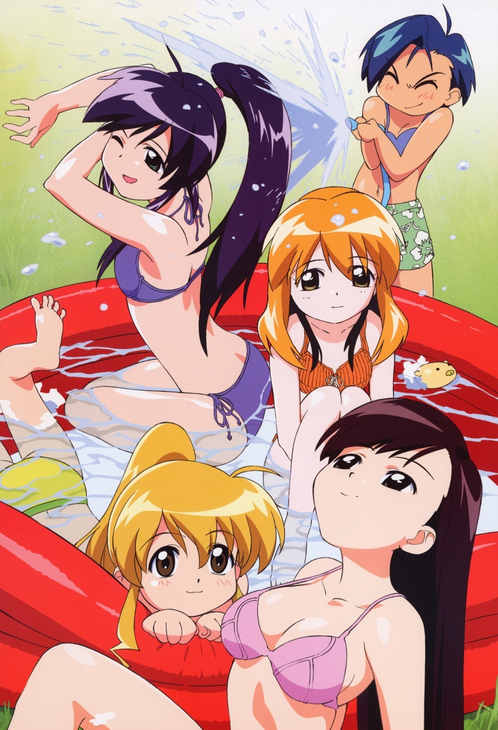 5girls, andou_mahoro, andou_minawa, bikini, blonde_hair, blue_hair, breasts, brown_eyes
