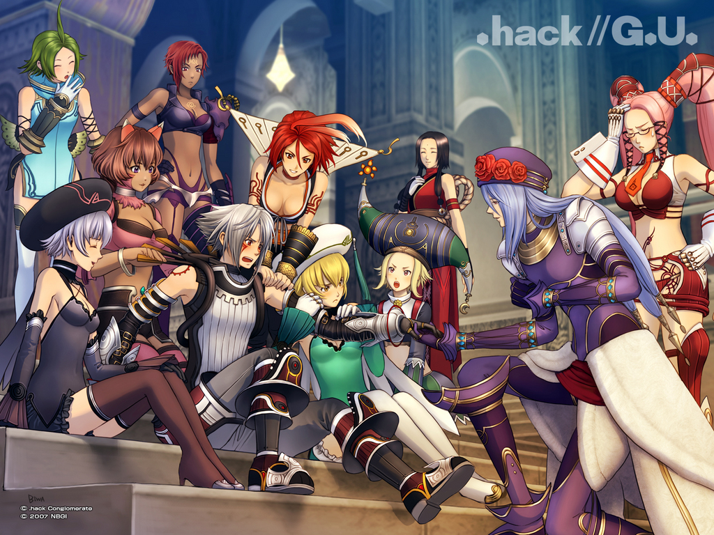.hack//, .hack//g.u., .hack//roots, 2boys, 6+girls, ^_^, ahoge, animal_ears