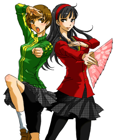 amagi_yukiko, fan, kotobuki_toro, lowres, multiple_girls, pantyhose, persona, persona_4