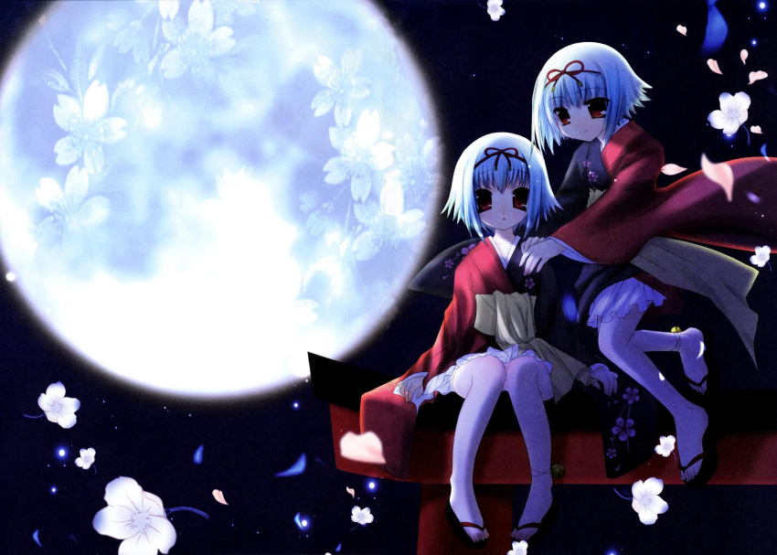 2girls, akai_ito, cherry_blossoms, flower, full_moon, highres, hinayuki_usa, japanese_clothes