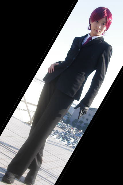 1girl, bazett_fraga_mcremitz, bazett_fraga_mcremitz_(cosplay), black_suit, collared_shirt, cosplay, earrings, fate/stay_night