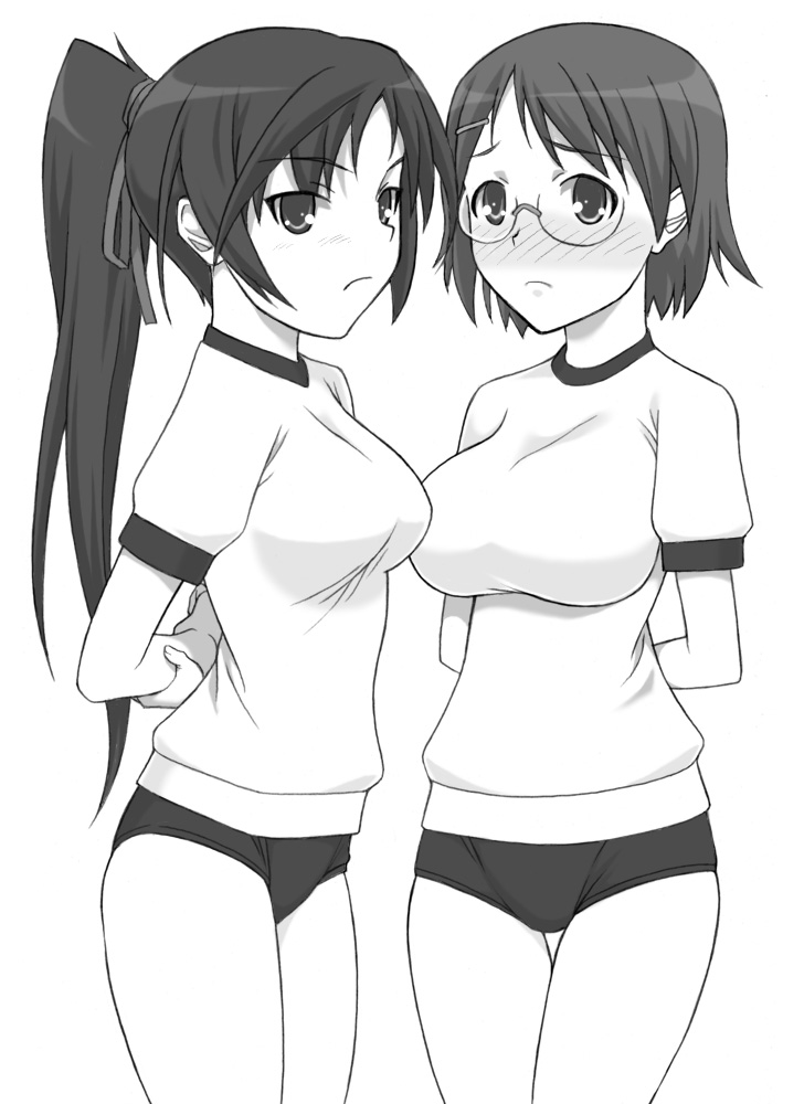 arms_behind_back, breasts, buruma, fujieda_nanae, glasses, gym_uniform, hair_ornament, hairclip