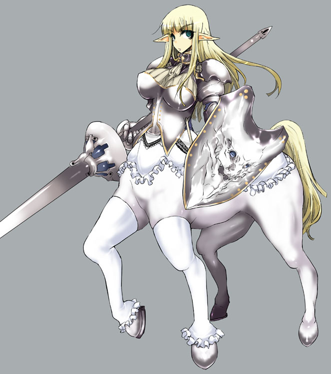 1girl, ahou_miya, armor, blonde_hair, breasts, centaur, centaur_knight, fantasy, green_eyes, huge_breasts, knight, lace, lance, large_breasts, lingerie, long_hair, monster_girl, original, pointy_ears, polearm, shield, simple_background, solo, spear, thigh-highs, underwear, warrior, weapon