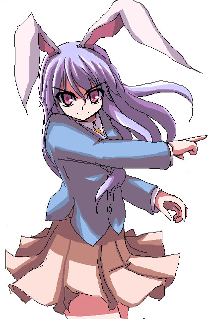 1girl, akiyasu, animal_ears, female, finger_gun, rabbit_ears, reisen_udongein_inaba, solo, touhou, touhuya