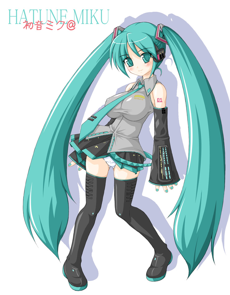 1girl, aqua_hair, breasts, character_name, hatsune_miku, huge_breasts, large_breasts, long_hair, miyata_gakuman, over_hundred, panties, solo, thigh-highs, twintails, underwear, very_long_hair, vocaloid, zettai_ryouiki