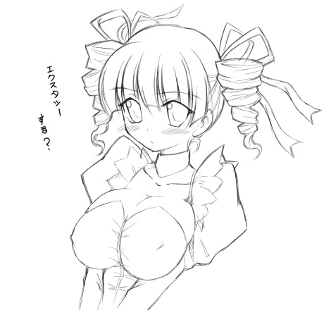 1girl, blush, breasts, cleavage, drill_hair, huge_breasts, large_breasts, lowres