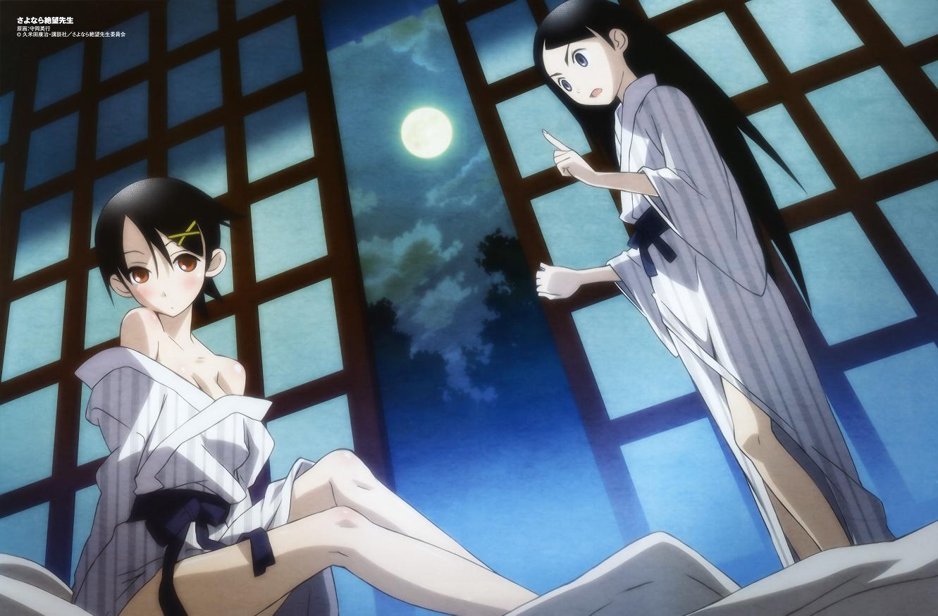 2girls, bare_shoulders, black_hair, blue_eyes, blush, breasts, cleavage, comp_h's
