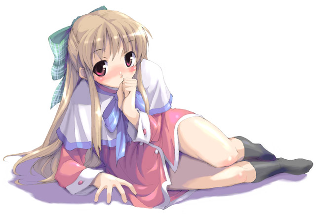 1girl, arm_support, atsumuchi, black_legwear, blue_bow, blush, bow, brown_hair