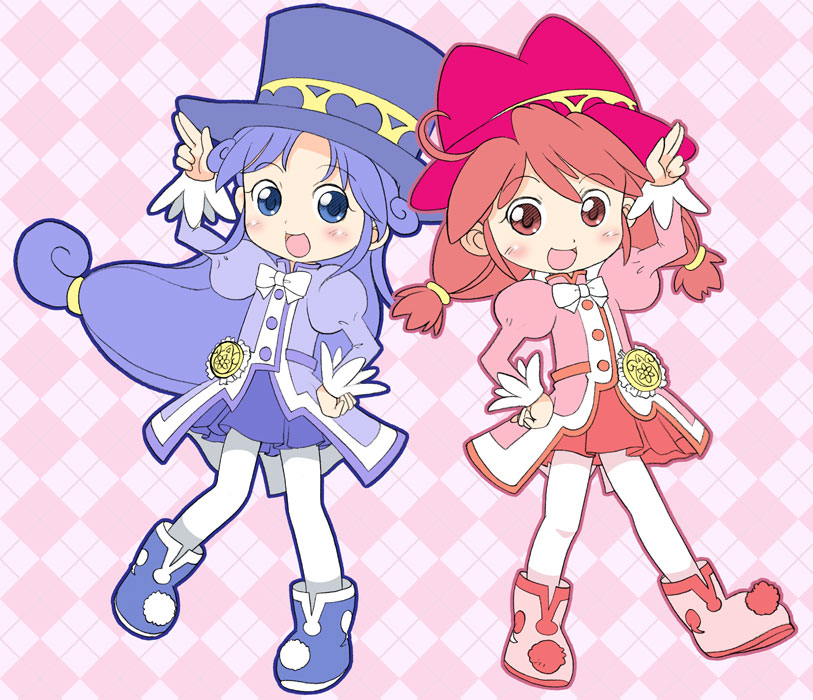 2girls, argyle, argyle_background, blue_eyes, blue_hair, fine, fushigiboshi_no_futago_hime, hatomugi_(mamotan)