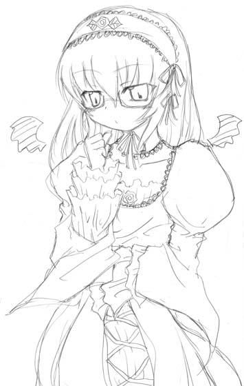 00s, 1girl, bespectacled, fujimori_saya, glasses, graphite_(medium), greyscale, headdress