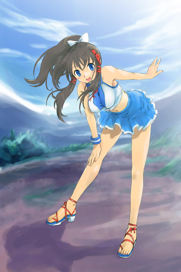 1girl, :d, bent_over, black_hair, blue_eyes, blue_skirt, breasts, feet