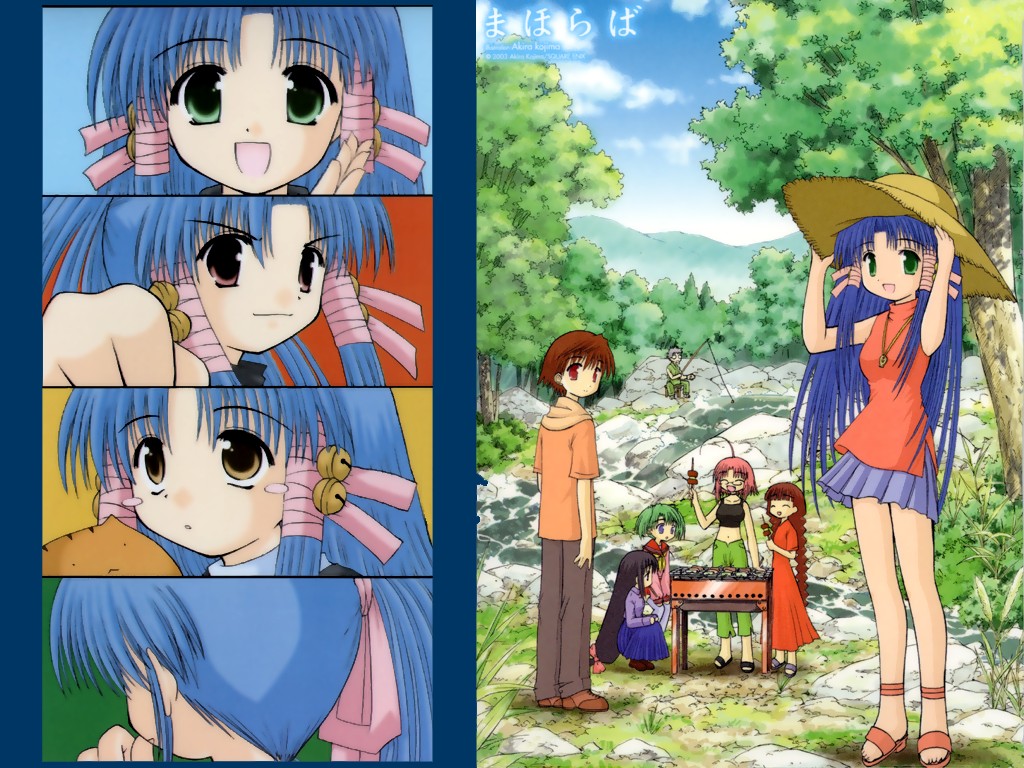 00s, 2003, 2boys, 5girls, :d, ^_^, akasaka_saki, aoba_kozue, bell, black_hair, blue_hair, blush_stickers, bow, braid, brown_eyes, chanohata_tamami, closed_eyes, fishing, fishing_rod, forest, glasses, green_eyes, green_hair, grill, haibara_yukio, hair_bell, hair_ornament, hands_on_headwear, hat, holding, kanazawa_nanako, kebab, konno_natsume, kurosaki_asami, kurosaki_sayoko, long_hair, looking_at_viewer, mahoraba, midorikawa_chiyuri, momono_megumi, multiple_boys, multiple_girls, nature, navel, o_o, open_mouth, pink_bow, pink_hair, ribbon, sandals, shiratori_ryuushi, smile, squatting, straw_hat, tree, twin_braids, twintails, water