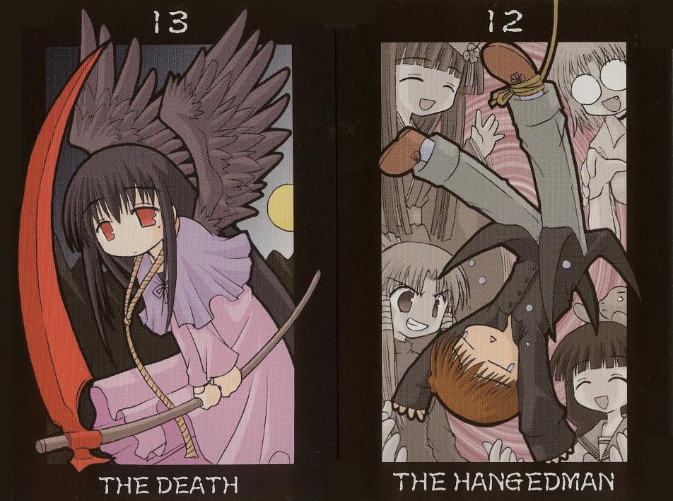 1boy, 5girls, :d, ^_^, aoba_kozue, black_hair, capelet, chanohata_tamami, closed_eyes, dress, fang, feathered_wings, full_moon, glasses, grin, holding, kurosaki_sayoko, long_hair, mahoraba, momono_megumi, moon, multiple_girls, noose, open_mouth, red_eyes, rope, ryuusei_johnny, scythe, shiratori_ryuushi, shirogane_miyabi, smile, tarot, tears, wings