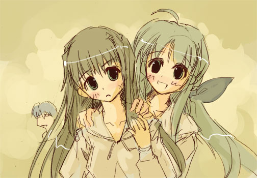 00s, 2girls, :d, ahoge, futaba_rentarou, futakoi, long_hair, momiji_mao