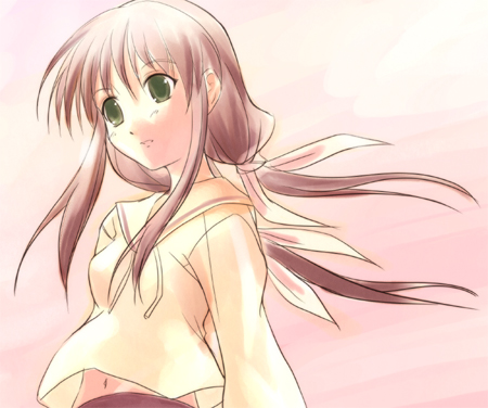 00s, 1girl, brown_hair, futakoi, green_eyes, hair_ribbon, long_hair, lowres