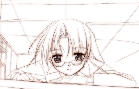 00s, 1girl, futakoi, glasses, lowres, momoi_mai, monochrome, sketch