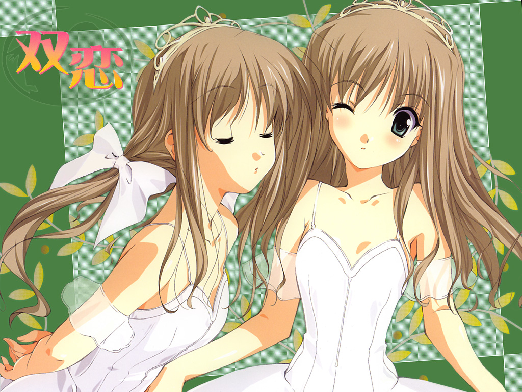 00s, 2girls, bow, brown_hair, closed_eyes, crown, dress, futakoi
