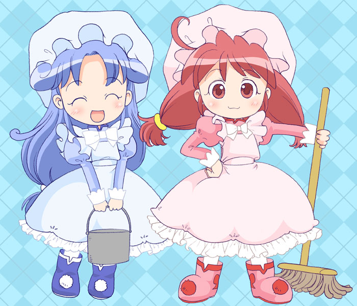 2girls, :3, :d, ^_^, ahoge, blue_hair, blush, bucket