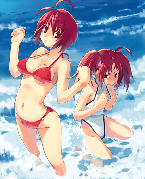 00s, 2girls, ahoge, beach, bikini, breast_envy, breasts, casual_one-piece_swimsuit