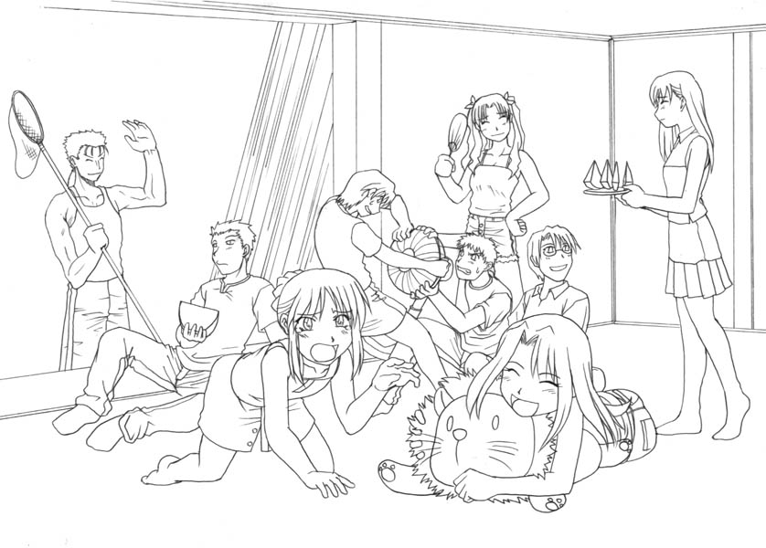 4girls, 5boys, :d, ^_^, archer, barefoot, bazett_fraga_mcremitz, bazette