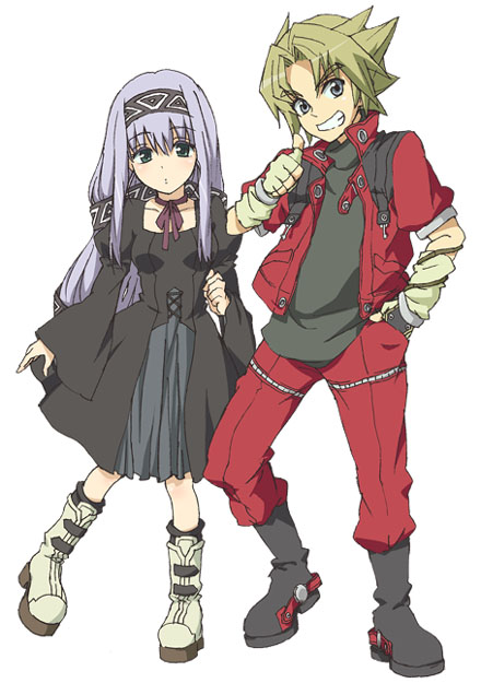 1boy, 1girl, blonde_hair, boots, choker, coud_van_giruet, dress, elemental_gelade