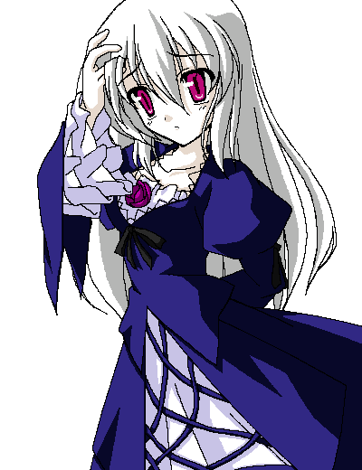 00s, 1girl, hand_on_own_head, kasalelia, long_hair, pale_skin, pink_eyes, rozen_maiden